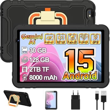 Android 15 Tablette 10 Pouces, 30Go RAM+128Go ROM(TF 2To), Octa-Core, Gemini Al Tablette Tactile, 8000mAh, Widevine L1, Contrôle Parental, EVA Étui de Protection Antichoc, 360° Rotatif Support (Noir)