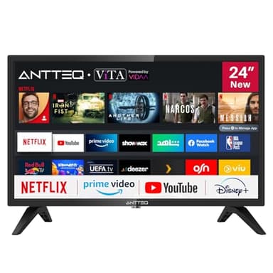 Antteq AV24H3 Smart TV 24 Pouces (60 cm) Téléviseur avec Netflix, Prime Video, Rakuten TV, Disney+, Youtube, UVM, WiFi, Triple-Tuner DVB-T2 / S2 / C