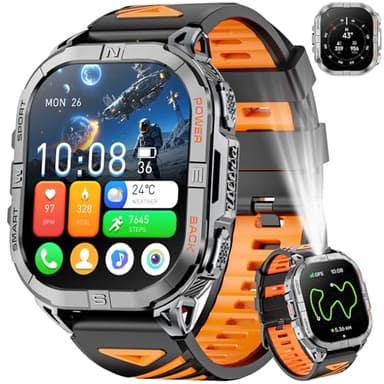 Joautrial GPS Montre Connectée Homme, 2,13" AMOLED Militaire Smartwatch avec Torche LED/Boussole/100+ Modes Sportifs/580mAh Batterie/Surveillance Santé/Appels Bluetooth pour Android iOS (Noir)