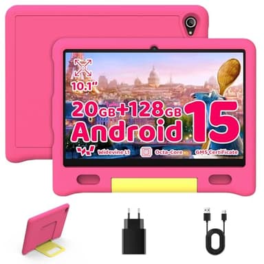 Whitedeer Tablettes pour Enfants Octa Core avec 20GB RAM 128GB ROM TF 1TB, Tablette 10 Pouces Android 15, Wi-FI 6/BT 5.3, Widevine L1, 5000 mAh, Contrôle Parental Cadeau Educative Enfant