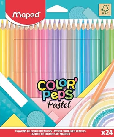 Maped - Crayons de Couleur Color'Peps Pastels en Bois FSC - 24 Couleurs Douces et Acidulées - Crayon Triangulaire Ergonomique - Pochette de 24Crayons