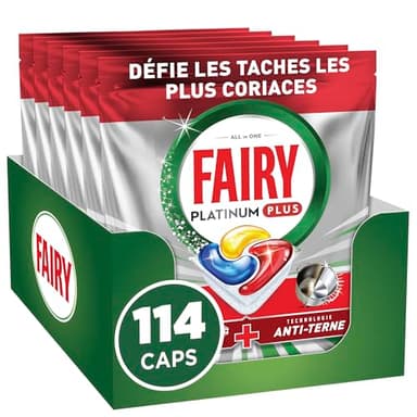 Fairy Platinum Plus Tablettes Lave-vaisselle Tout-en-1, 114 Tablettes (19x6), Parfum Citron, Technologie Anti-Terne, Prévient le Calcaire, Système Pré-Lavage Intégré, Efficace en Cycle Court