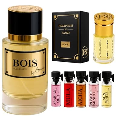 Parfum BOIS Intense – FRAGRANCES BY SASSO – Coffret Luxe – Extrait De Parfum 50 ml + Musc 3 ml + 5 Échantillons OFFERTS – Coffret Cadeau Homme – Collection Privée