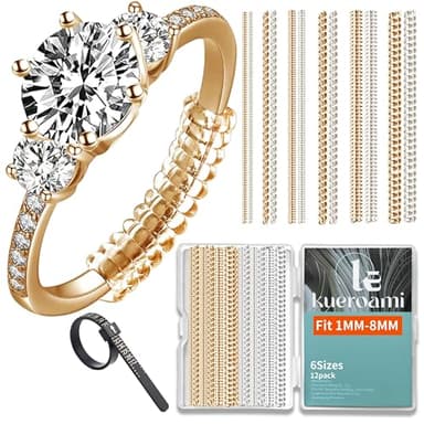 Lot de 12 Ajusteur de Bague Invisible Silicone, Réducteur pour Bagues Lâches, 6 Tailles 1-8mm, Spire Enroulée sans Abîmer, Femme Homme - Or Transparent