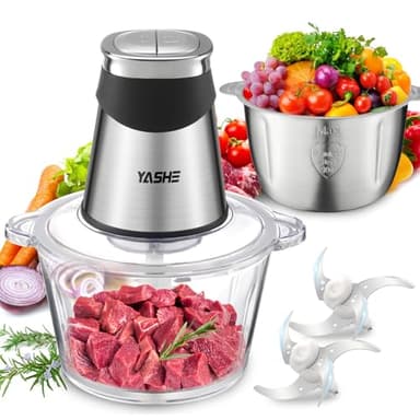 YASHE Hachoir Électrique 1,8L+2L, Robot de Cuisine avec Récipients en Verre et en Acier Inoxydable, Hachoir à Viande 500W à 2 Vitesses avec 2 Jeux de Lames