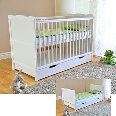 Marsell Lit bébé avec tiroir Lit bébé avec Matelas en Mousse Aloe Vera des Rails de Protection Réglables en Hauteur Blanc Transformable en lit Enfant