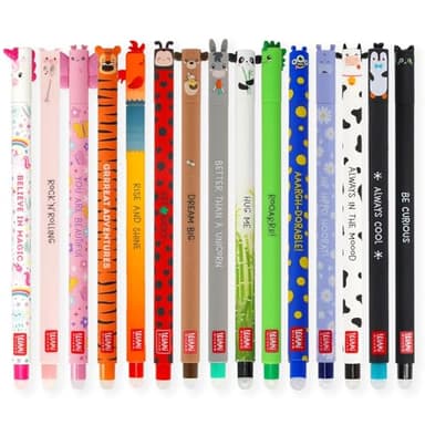 LEGAMI - Lot de 15 stylos gel effaçables avec encre thermosensible, gamme de couleurs d'encre et de motifs de baril, pointe de 0,7 mm, motifs animaux, coccinelle, monstre, tigre et cour de ferme