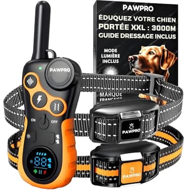 PAWPRO Collier de Dressage, Portée de 3km, Mode Lumière Nocturne, Guide de Dressage Inclus, 124 Niveaux d’Entraînement, BIP Vibration Choc, Adapté à Tous Les Chiens, Étanche, Marque FR (2 Colliers)