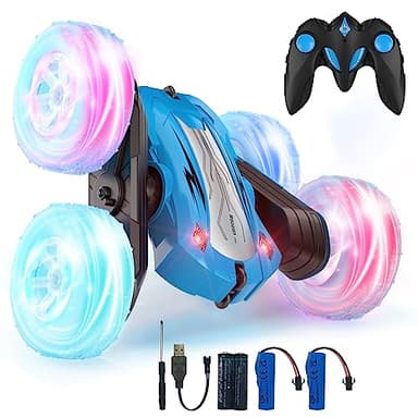 Rodzon Voiture Télécommandée Enfant, 360°Rotation Camion Cascadeuse avec Feux de Roue, 2.4GHz RC Voiture Radiocommandee Jeux Extérieur Jouet Cadeau pour Garçon Fille 6 ans et plus, 2 x Batterie (Bleu)