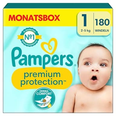 Pampers Premium Protection Lot de 180 couches pour bébé Taille 1 (2-5 kg) Nouveau-né Paquet semi-mensuel Excellent confort et protection pour les peaux sensibles