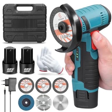 Mini Meuleuse D'Angle Sans Fil 19500RPM 12V Professional Disqueuse Sans Fil avec 2 batteries 2000mAh, 6 Disques à Tronçonner 76mm, Meuleuse d'angle pour Meuler et Polir, Couper