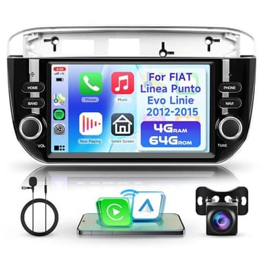 4G+64G Rimoody Android Autoradio pour FIAT Linea Punto Evo 2012-2015 7'' Stereo Auto avec Carplay Android Auto Sans Fil Écran Tactile Mirror Link GPS Navi Bluetooth WiFi FM/RDS/EQ/USB SWC Caméra Recul
