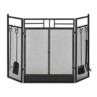 HOMCOM Pare-feu Large pour cheminée ou poêle - Pare-étincelles serviteur de cheminée 2 en 1 avec Accessoires - 3 Volets Pliables et Porte - Acier métal Noir