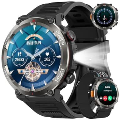 Montre Connectée Homme, Militaire Smartwatch Appels Bluetooth, Torche LED, 1.45'' HD, Batterie 960mAh, Fréquence Cardiaque, Sommeil, SpO2,120+ Modes Sportifs, Étanche IP68, 2 Sangles, Android iOS