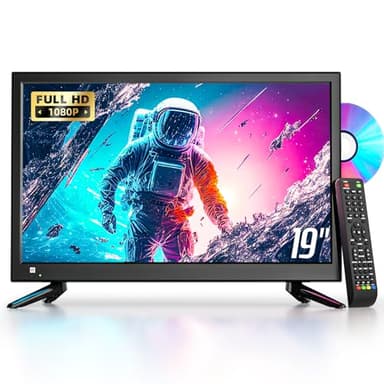 Desobry Petite Television 19 Pouces avec Lecteur DVD intégré, Mini téléviseur 1080P avec DVB-T2 HDMI USB AV Entrée, TV 12v pour Camping Car/Caravane/Campagne