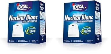 IDEAL - Reblanchisseur Extrême Nuclear Blanc, 20 g x 6 - Traitement Extrême, Déjaunit, Détache, Reblanchit, Préserve la Fibre des Textiles, Efficace dès 30°C - Formule Enrichie en Azurants Optiques