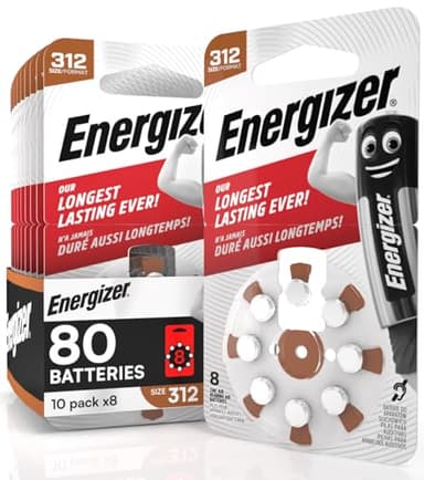 80 piles auditives Energizer pour appareils auditifs intra-auriculaires taille 312 marron sans mercure - 10 emballages de 8 piles