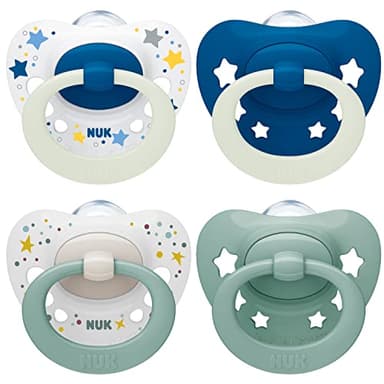 NUK Signature Day & Night Tetine pour bébé | 0-6 mois | Apaise 95 % des bébés | Sucettes en silicone sans BPA, en forme de cœur | Brille dans le noir | Étoiles | Lot de 4