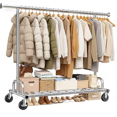 Klyvvo 189cm Portant a Vetement Solide à Roulettes, Capacité de Charge 150 kg, Penderie Extensible pour Charge Lourde, Portant Vetement Solide à Roulettes et Cloisons, pour Présentation, Rangement
