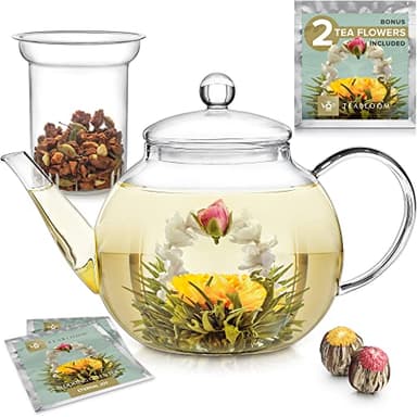 Teabloom Théière en Verre, Résistante à la Cuisson et aux Micro-ondes, avec Infuseur Amovible pour Thé en Vrac – 2 Thés Fleuris Inclus – Bouilloire et Machine à Thé 1.2 L