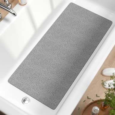 HITSLAM Tapis de Baignoire Antidérapant, 88 x 40cm Long Tapis de Douche Antiderapant, Loofah en PVC Souple Tapis Antidérapant Baignoire, sans Ventouse Tapis de Bain, Séchage Rapide, Gris