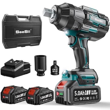 Seesii Clé à Chocs Sans Fil 1600Nm, 3/4'' Boulonneuse a Choc Electrique avec Deux Batteries 10000mAh 18V, Boîte de Vitesses à 3 Vitesses, Adaptateur de Foret 3/4" à 1/2", 34mm Douilles