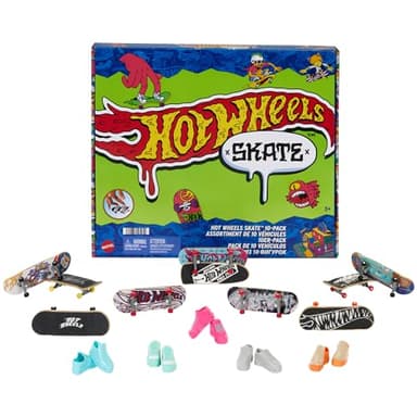 Hot Wheels Skate Lot de 10 fingerboards, 5 Paires de Chaussures de Skate Amovibles, Graphiques détaillés sur Le thème Hot Wheels, Jouet pour Enfants, 5 Ans, HTP59