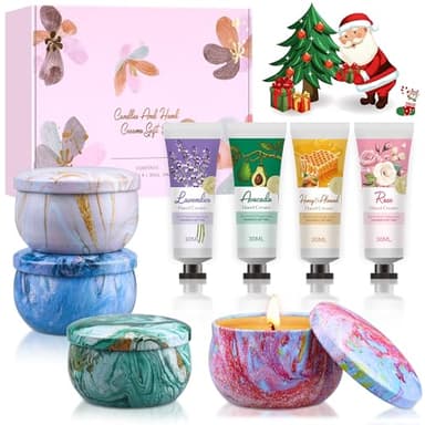 Coffret Cadeau pour Femmes et Hommes - Bougies Parfumées 4 x 90g | Crème pour Les Mains 4 x 30g - Idée Cadeau de Noël pour Collègues, Mama, Petite Amie, Famille