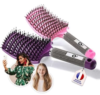 2 Brosses à Cheveux en Poils de sanglier- Démélant 100% Narurel - Démêler sans larmes ! Set Brosses (Rose et violette)
