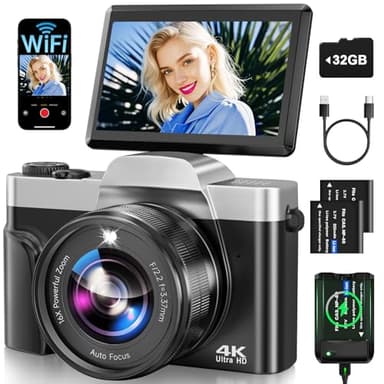 Appareil Photo Numérique avec WiFi, 4K 64MP Autofocus Camera Vlog 16X Digital Zoom à Écran Rabattable à 180° Appareils Photo Compact avec Station de Charge, 2 Batteries, Carte 32 GB pour Débutants