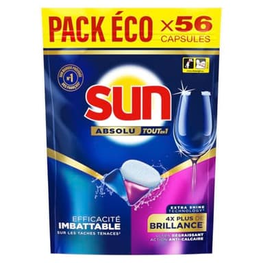 Sun Pastilles Lave-Vaisselle Absolu Tout-en-1 Brillance - 56 capsules - tablettes imbattables sur les taches tenaces - 4x plus d'éclat