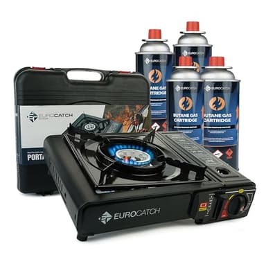 Eurocatch Outdoor - Réchaud à gaz - incl. 4 cartouches de gaz - Réchaud de camping - Brûleur à gaz - Cuisinière à gaz - Plaque de cuisson - Cuisinière - Mallette de transport