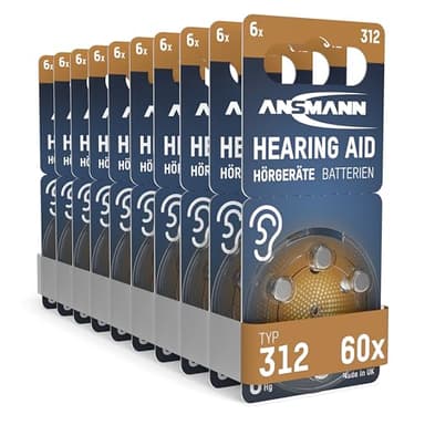 ANSMANN Piles auditives 312 (Lot de 60) – Piles Bouton pour Aides auditives P312 ZL3 PR41 – Piles Plates pour appareils auditifs, amplificateurs sonores – Marron