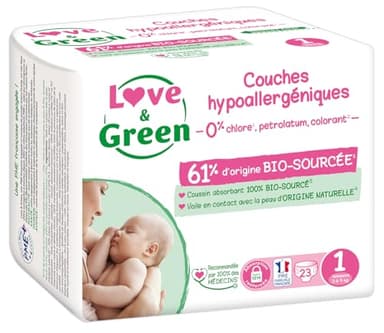 Love & Green - Couches Bébé Saines et Ecologiques - Taille 1 (2-5 kg) - 23 couches - Absorbante, anti-fuites et sans ingrédients indésirables