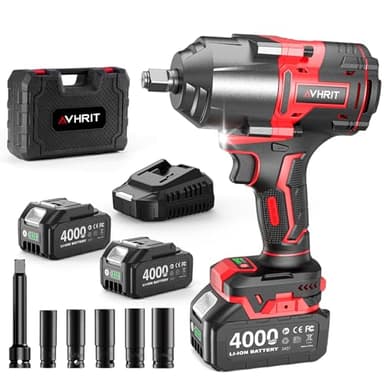 Avhrit 1600 N.m Clé à Choc Sans Fil Brushless avec Deux 4000mAh batteries, 1/2" Boulonneuse à Choc Électrique pour la voiture et la Maison, avec 5 Douilles à Chocs