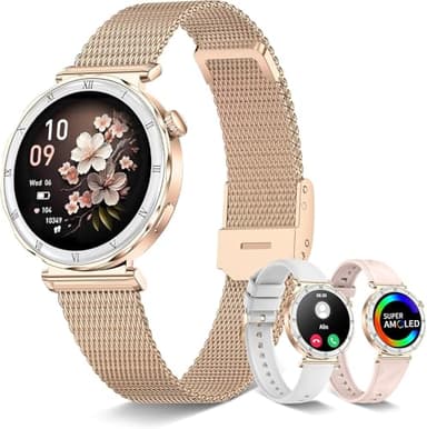 Montre Connectée Femme (3 Bracelets) 1,19" AMOLED Tendance Fitness Podomètre Smartwatch pour Android IOS avec Appel Bluetooth, Fonction Féminine/Cardio/Sommeil, 120+ Modes Sport Étanche IP68, Or Rose