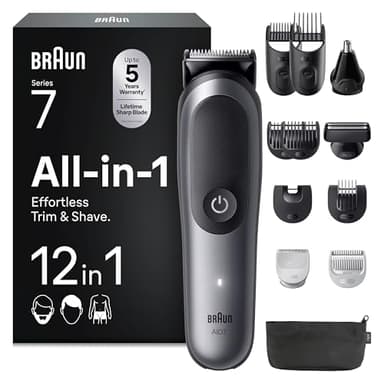 Braun Tondeuse Tout-En-Un Series 7, Kit 12-En-1, Lame ProBlade, Technologie AutoSense, 120 Min D'autonomie, Protection SkinGuard, Barbe En Dégradé, Manche AquaGrip Pratique Sous L'eau, AIO7545, Gris