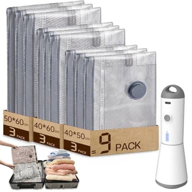 Vacbird Sac Sous Vide Vetement Aspirateur avec Pompe à Vide Sans fil Électrique, Lot de 9 (3*40x50cm, 3*40x60cm, 3*50x60cm), Sac de Rangement Sous Vide Réutilisables pour Pulls, Chemises, Voyages
