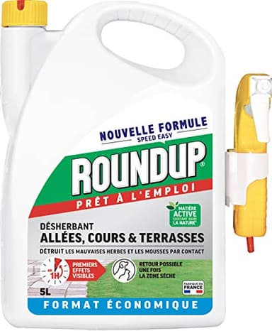 ROUNDUP SP5ATNA - Désherbant Cours, Allées et Terrasses Prêt à L'emploi 5 L - Premiers effets visibles en 1h - Elimine les mauvaises herbes et les mousses par simple contact - Désherbant jusqu'à 165m²