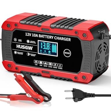 Husgw Chargeur de Batterie 12V10A, Chargeur Batterie Lithium Polyvalent, LiFePO4 Batterie Portable Voiture avec Réparation Automatisée, Maintien Charge pour Voiture/Moto/Tondeus/AGM/Gel/Wet/SLA
