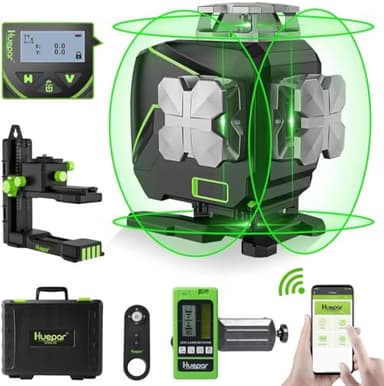 Huepar 4D Niveau Laser, Niveau laser auto-nivelant à 16 lignes, LCD, Bluetooth Faisceau Vert Ligne Croisée Outil Pour Carrelage, Horizontale/Verticale à 360°,Télécommande & Étui de Transport
