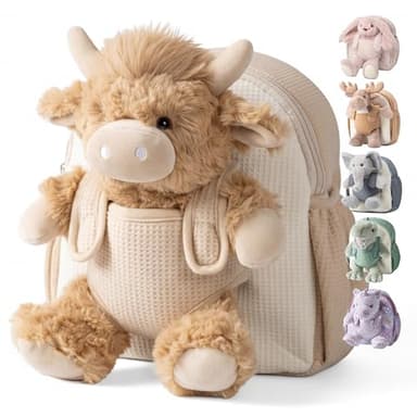 Moonkie Hug & Go Sac a Dos Enfant, Cartable Maternelle Vache des Highlands avec Jouet Amovible, pour Filles & Garçons 1 2 3 Ans, Petit Sac a Dos en Peluche Douce, Cadeau Bebe pour Crèche & Voyage