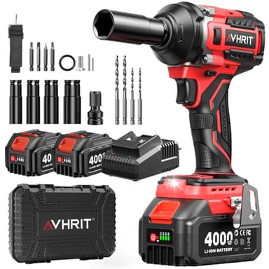 Avhrit Clé à Chocs Sans Fil Brushless avec 2x 4.0 Ah Batteries, 700N.m/Ft-lbs Boulonneuse à Choc Electrique, 21V Visseuse à Chocs avec 4 Douilles à Chocs, Compatible avec Makita 18V