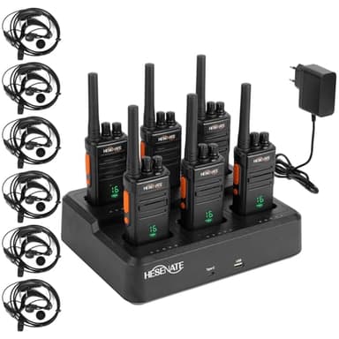 HESENATE HT66 Plus Radio Set Display PMR446 sans Licence Woki Toki Talkie-walkie Longue portée Radio Professionnelle 16 canaux Portable Woki Toki (Noir, Lot de 6) (avec Chargeur 6 emplacements)