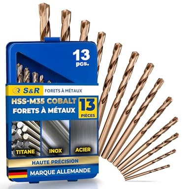 S&R Forets à Métaux HSS Cobalt 1-6,5 mm, angle 135 °. Set 13 Forets Acier Cobalt HSS DIN 338 Coffret métal. Qualité Professionnelle