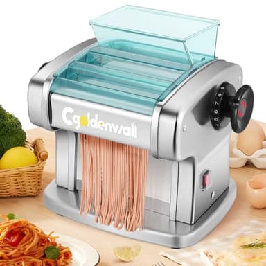 CGOLDENWALL Machine à Pâtes Électrique, Moteur 135W avec 2 Lames (2,5 mm/4 mm) et 9 Épaisseurs Réglables de 0,5-5 mm, Protection en ABS, Acier Inoxydable pour des Nouilles Fraîches Maison