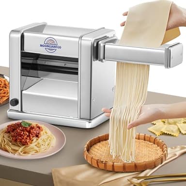 Moongiantgo Machine à Pâte Électrique Laminoir à Pâte Acier Inoxydable avec 3 Lames de 2mm/4mm/6.5mm pour Spaghettis, Fettuccine, Ravioli, Réglage de L'épaisseur à 7 Vitesses pour Domestique (3Lames)
