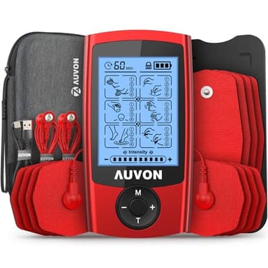 AUVON TENS electrostimulation appareil avec sac en EVA, Électrostimulateur musculaire rechargeable contre la douleur avec 24 programmes d'entraînement, 2 canaux appareil TENS rouge, 12 électrodes