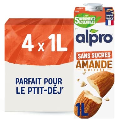 Alpro - Boisson Végétale - Lait d'Amande Grillée Sans Sucres - 1L - Lot de 4x1L
