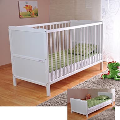 Marsell Lit bébé avec Matelas en Mousse Aloe Vera des Rails de Protection Réglables en Hauteur Blanc Transformable en lit Enfant